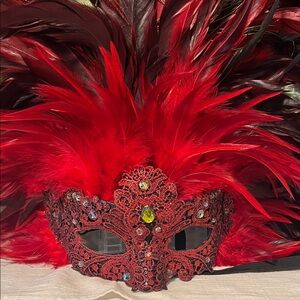 Red Feathered Masquerade Mask